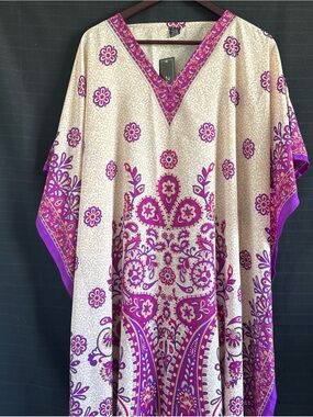 Zury Tan Purple Pink Paisley Print Kaftan Robe Open Sides Drapey Free Size OSFA
